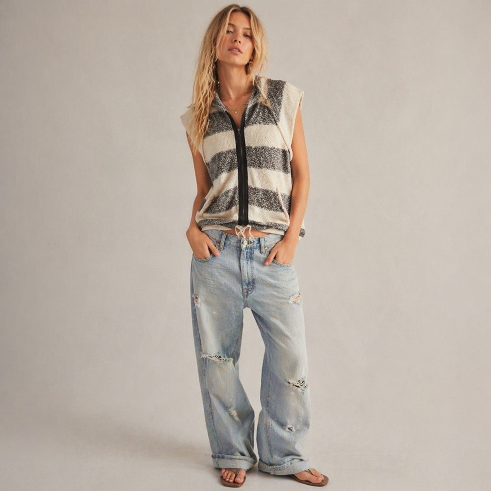 Free People Striped Hooded Knit Sweater Vest Sz L
